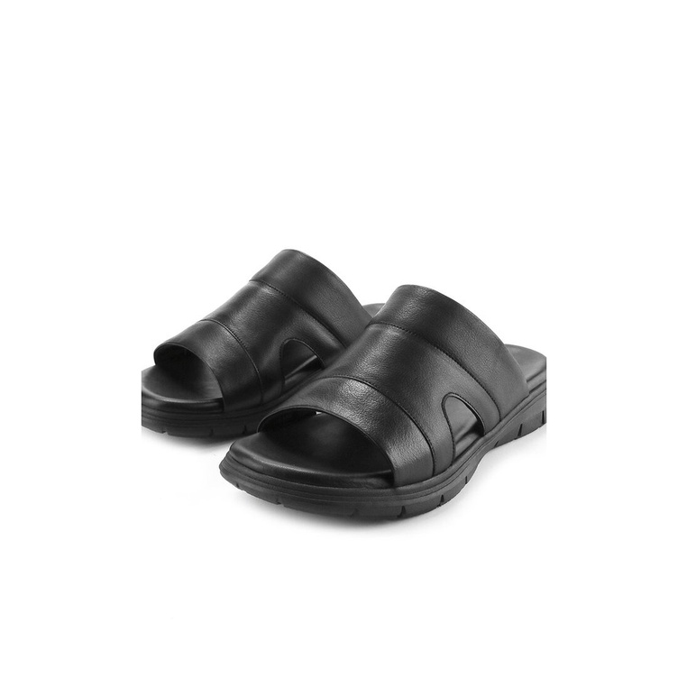 SANDAL KULIT OBERMAIN PRIA ORIGINAL SLIDE CASUAL BRANDED HITAM OM09