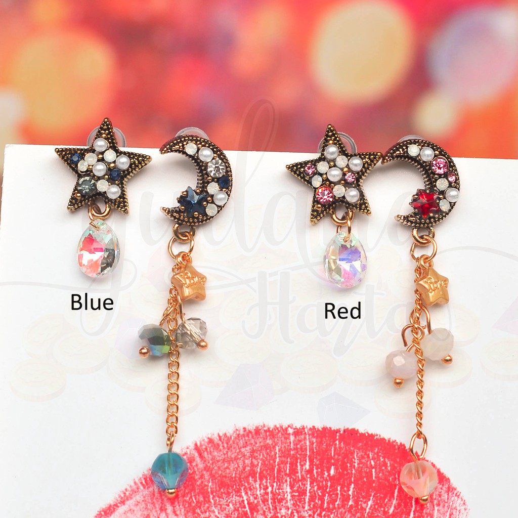 Anting Stud Vintage Star and Moon Rustic Panjang Unik Lucu GH 203342