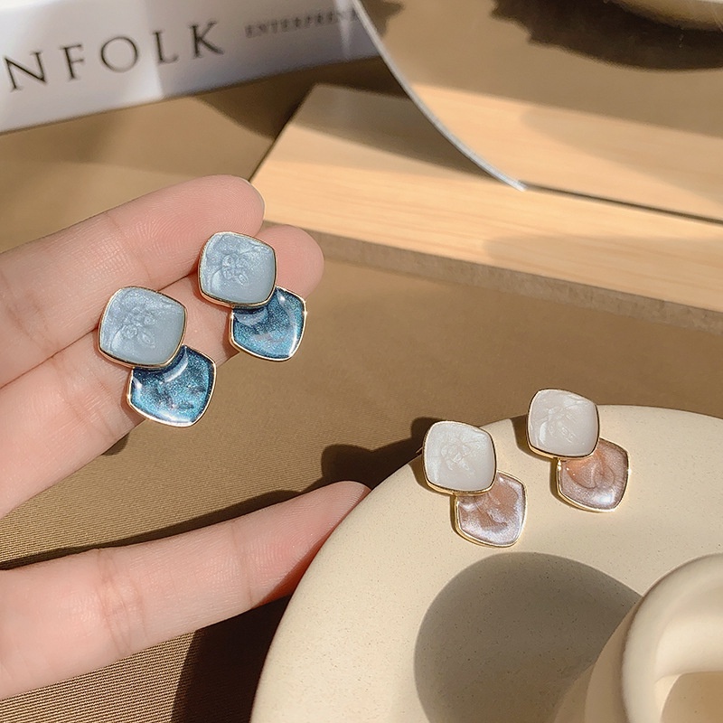 Anting Drop Bentuk Geometris Warna Biru Coklat Beige Gaya Retro