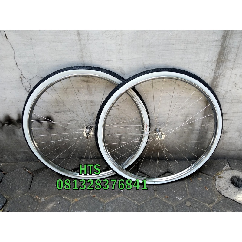 VELG ONTHEL LENGKAP RIMS SEPEDA ONTHEL SUDAH PASANG HUB RUJI BAN LUAR DALAM BARU BAN HITAM PUTIH