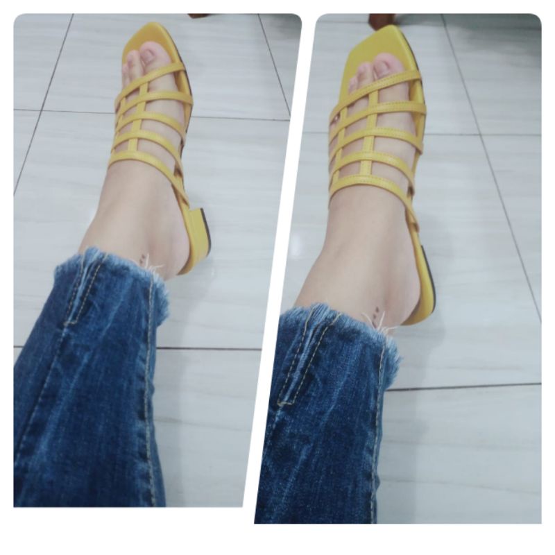 Sandal Jaring Kronjo Teplek Hak 3cm Kuning Premium by Sachio Andraya