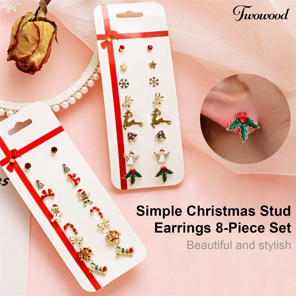 8 Pasang / Set Anting Stud Desain Pita Pohon Natal Snowman Aksen Berlian Imitasi Gaya Klasik Untuk Wanita