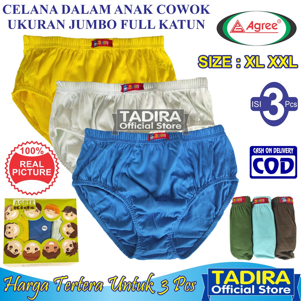 3 Pcs Celana Dalam Anak Laki-Laki Ukuran Jumbo Bahan Full Katun Multiwarna Motif Polos Usia 8 - 13 Tahun TADIRA