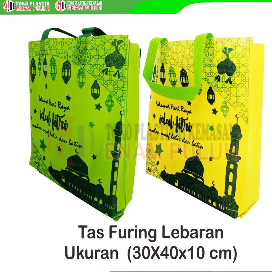 

Tas Furing Lebaran 30X40 lipat samping kuning hijau handle idul fitri tebal spunbond parcel souveni