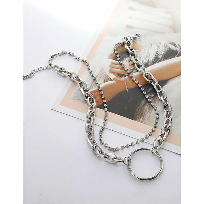 LRC Kalung Fashion Silver Chain Square Diamond Large Circle Multilayer Alloy Necklace F51951