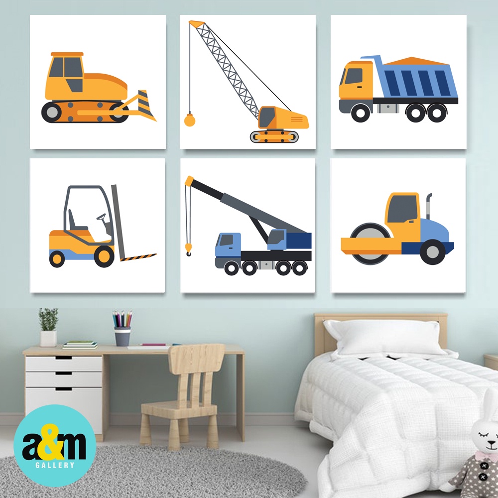 Hiasan Dinding Kamar Anak Gambar Kendaraan Alat Berat ( 20 X 20 ) Pajangan Anak Dekorasi Bayi Wall Decor Tema TRANSPORTASI - A&amp;M