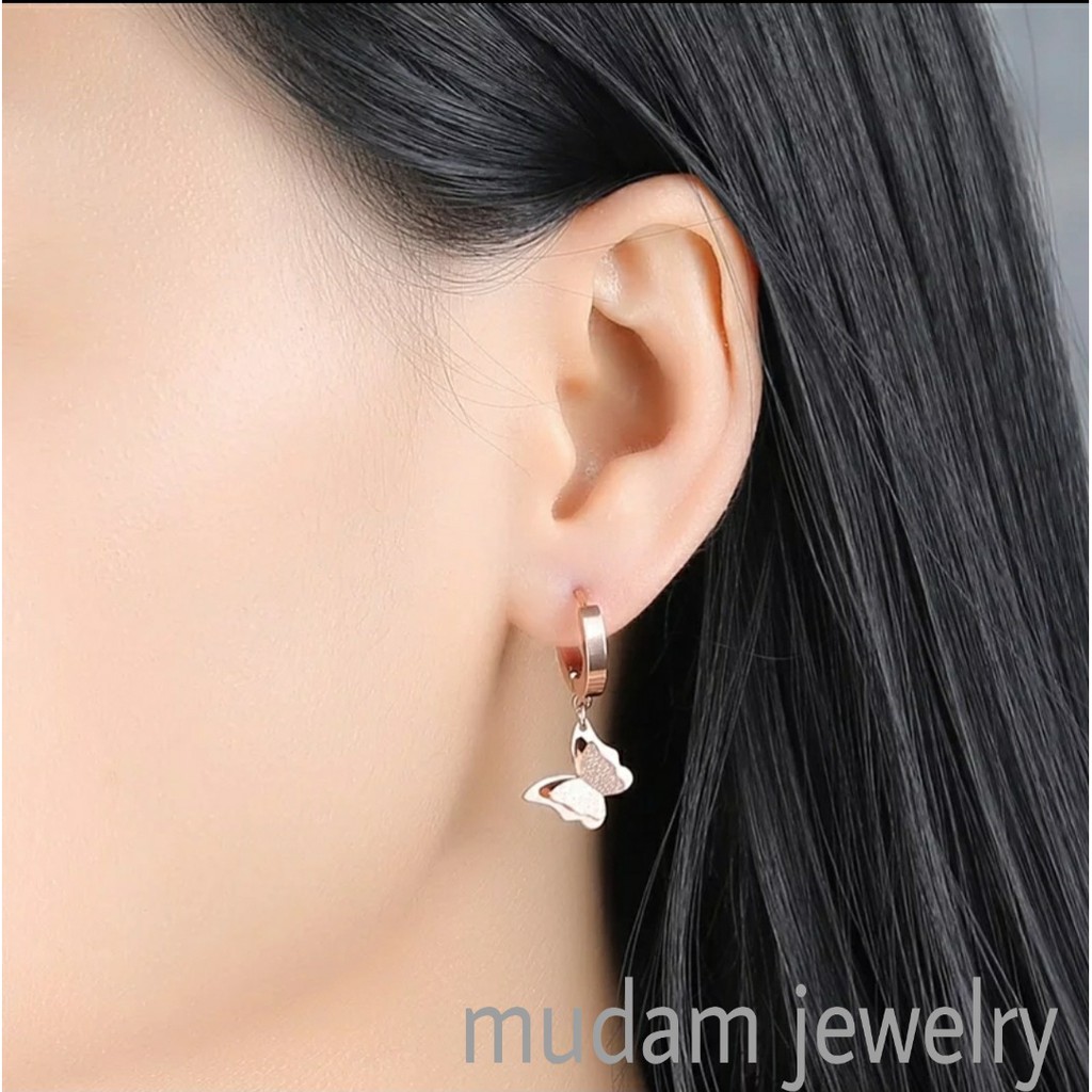 Anting Titanium Kupu-Kupu Juntai Untuk Wanita Fashion Warna Rose Gold, Gold dan Silver