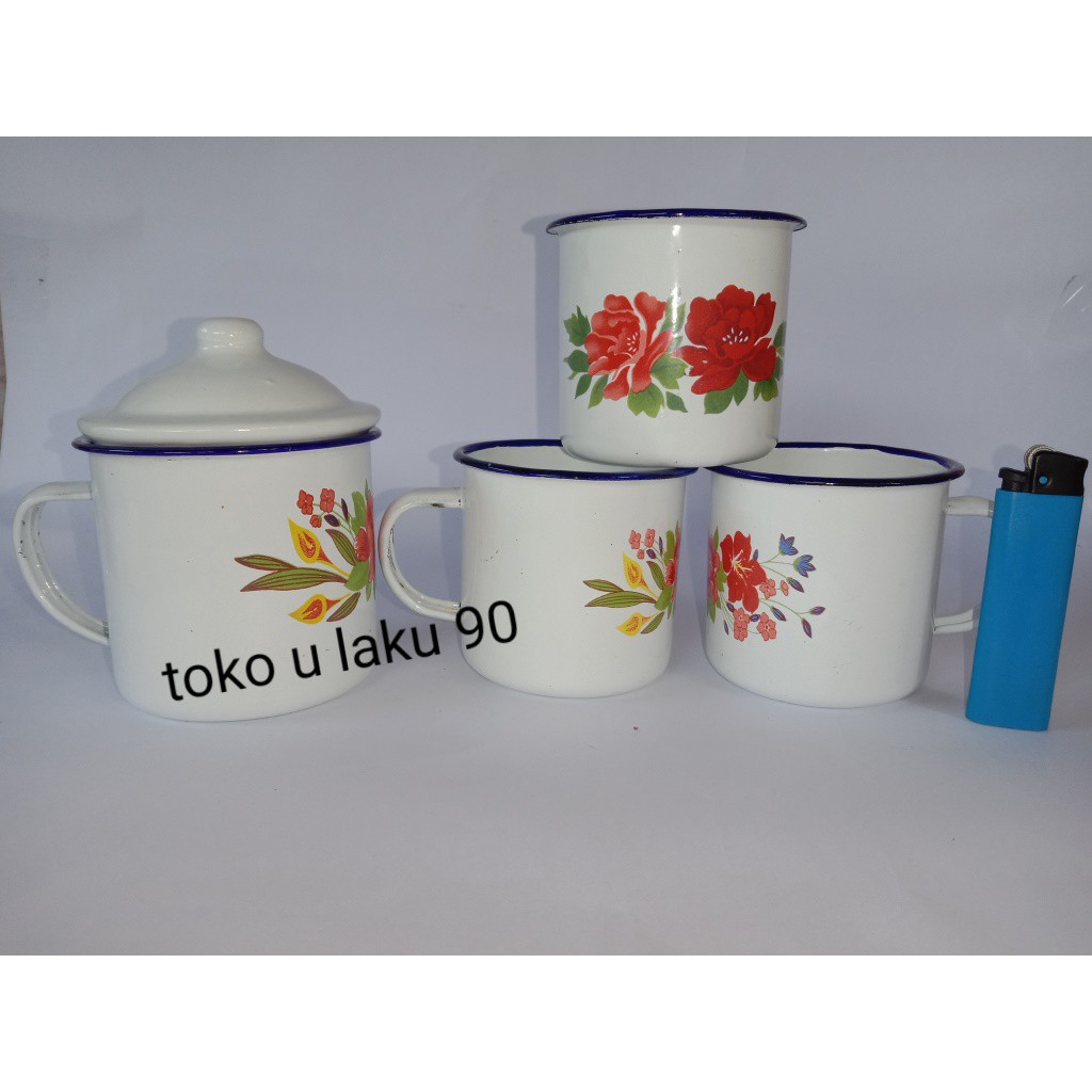 PAKET CANGKIR ENAMEL SENG/BLEK JADUL 8CM+TUTUP DAN 7CM, CANGKIR KOPI, CANGKIR ENAMEL MOTIF BUNGA,