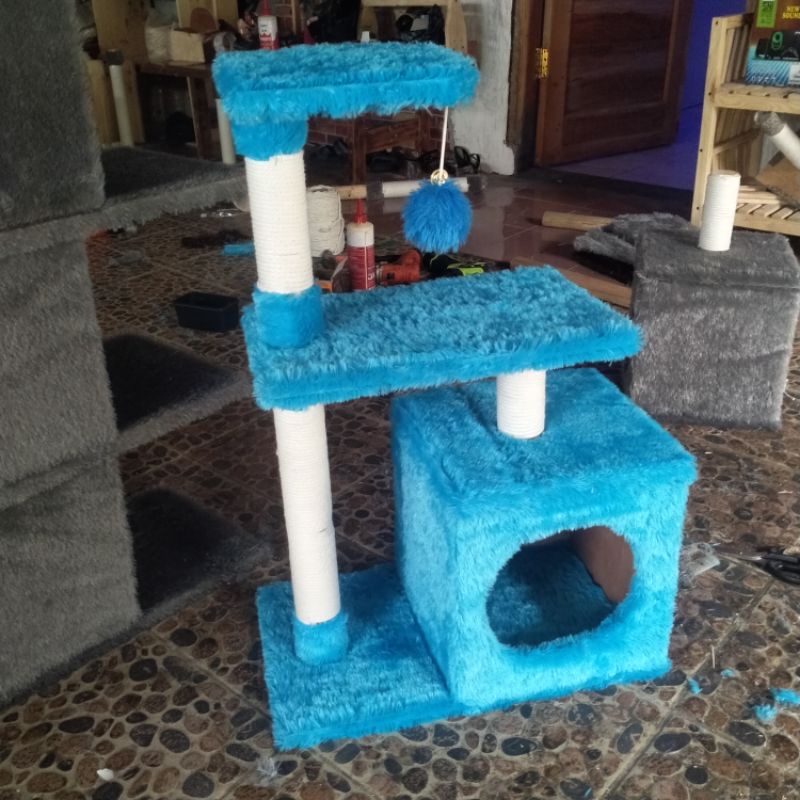 Cat tree house rumah tempat bermain kucing 2 tingkat murah bulur rasfur lembut dan nyaman-abu