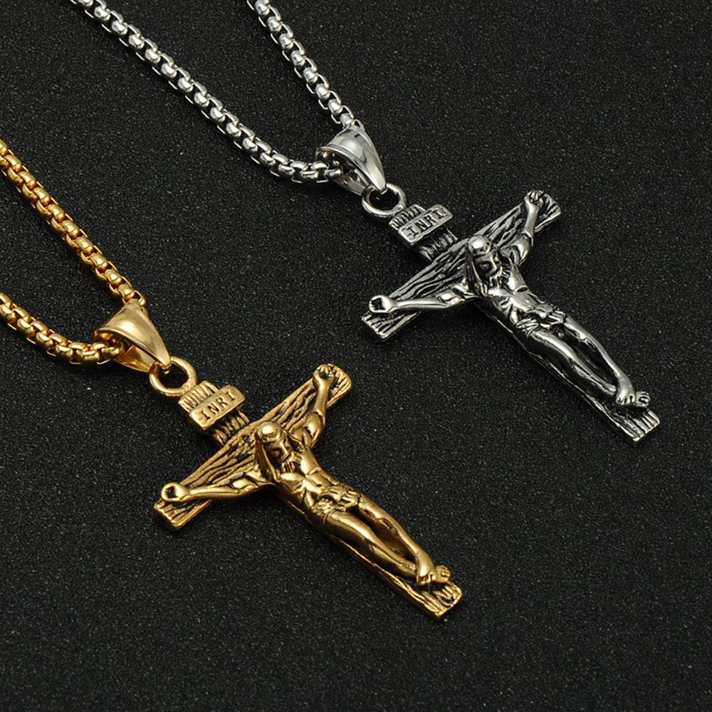 Kalung Liontin Salib Yesus Kristen Bahan Stainless Steel 316L Warna Emas Untuk Pria Dan Wanita