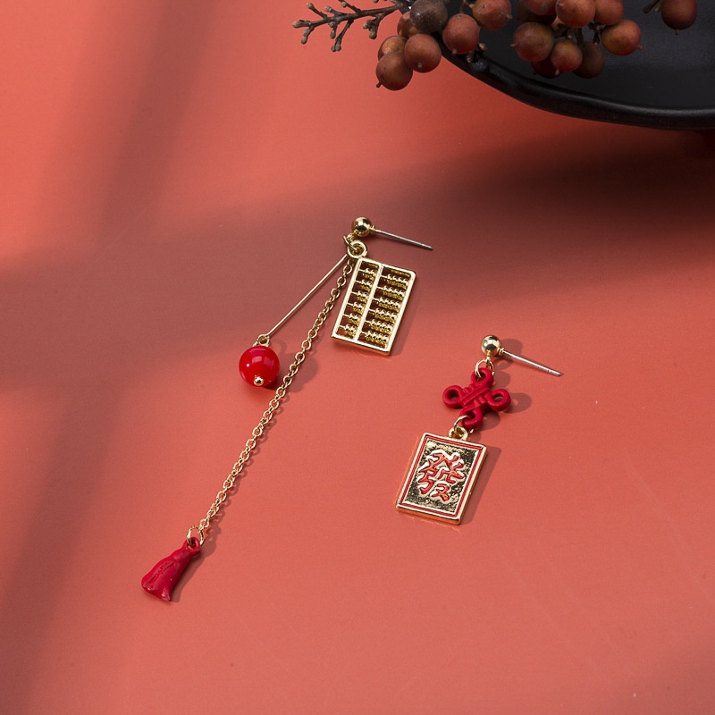 [littlecrab] Anting Wanita Sempoa Merah Emas Huat Simple Elegan Anting Beda Kiri Kanan Cai Woman Earrings Anting Berkualitas Tinggi Korean Style