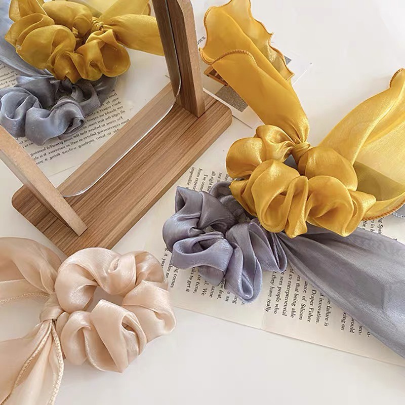 Ikat Rambut Karet Scrunchie Panjang untuk Wanita Korea Motif Polos Bahan Satin Dalika