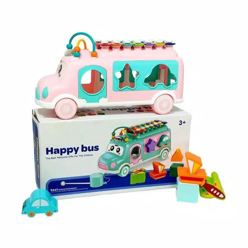 Mainan anak xylophone puzzle happy bus mainan bongkar pasang bis