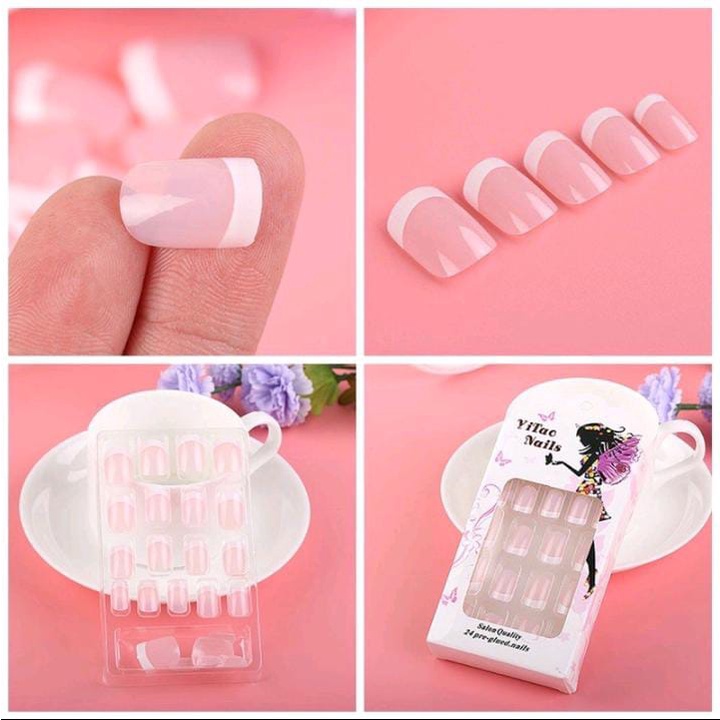 KUKU PALSU 24PCS FRENCH MANICURE LIST PUTIH / KUPAL NATURAL LIST PUTIH / KUKU