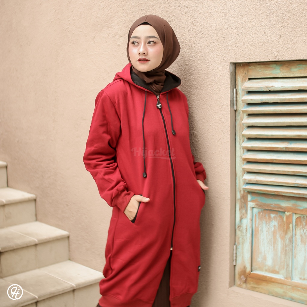 Jaket Sweater Wanita Muslimah Hijaber - Hijacket Basic Maroon - Switer Syari Hijab Panjang Hijabers