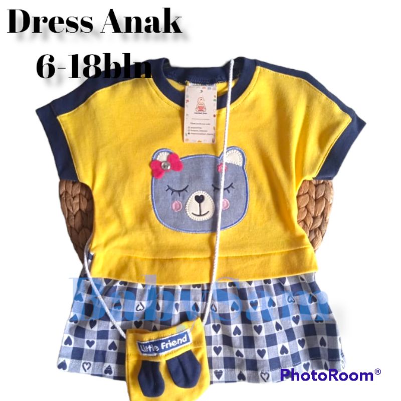 Dress Anak Pumpkin Kids Motif  Bear Size 6-18Bulan Free Tas Lucu