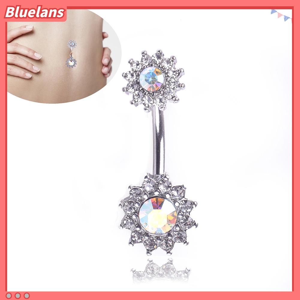 Bluelans Sexy Women Dual Floral Shiny Rhinestone Barbell Navel Ring Body Piercing Jewelry