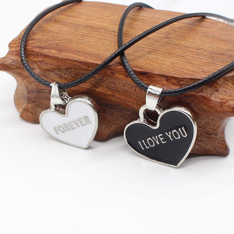 Fashion Hari Valentine Cinta Hati Liontin Kalung Perhiasan Hadiah Hitam Putih Selamanya Pasangan I LOVE YOU Romantic Necklaces Wanita Pria
