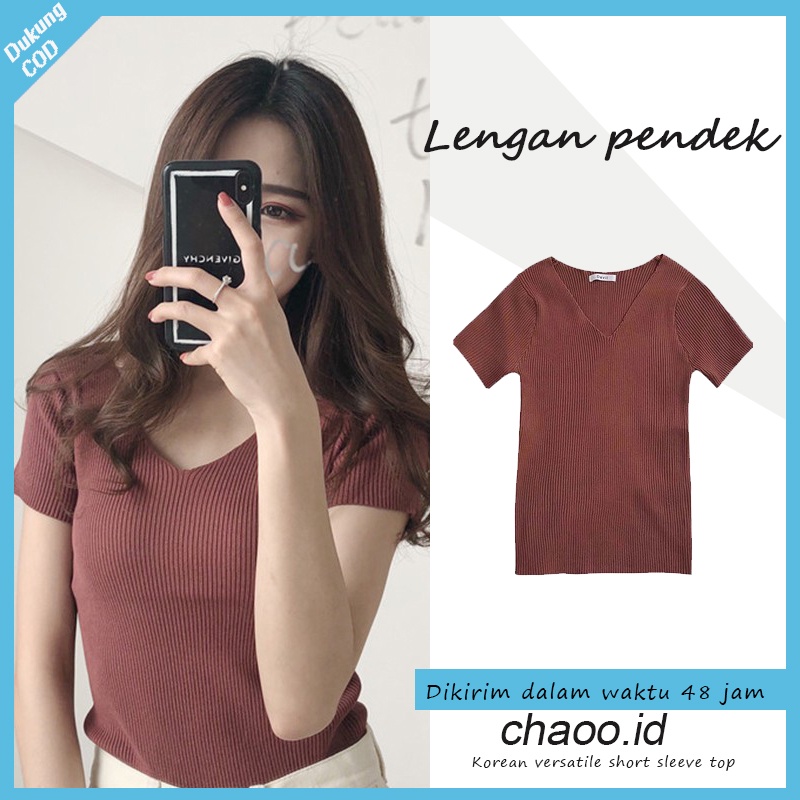 Baju Atasan Wanita Korea Impor V-neck sutra rajutan lengan pendek T-shirt