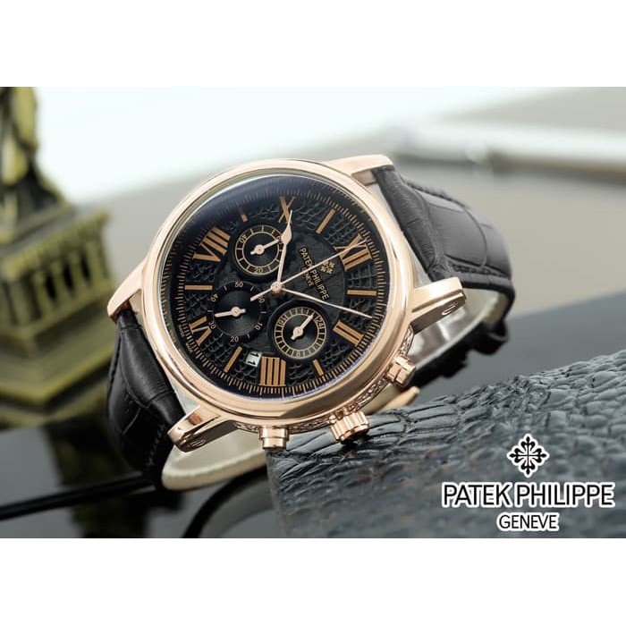 JAM TANGAN PATEK PHILIPPE KULIT CHRONO ACTIVE BLACK ROSEGOLD (BLACK)