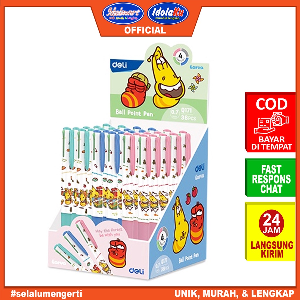 IDOLMART Deli Larva Ballpoint Pen / Pulpen Cetek 0.7mm Tinta 4 Warna  Ujung Tip Bundar dan Grip Karet EQ171 Surabaya