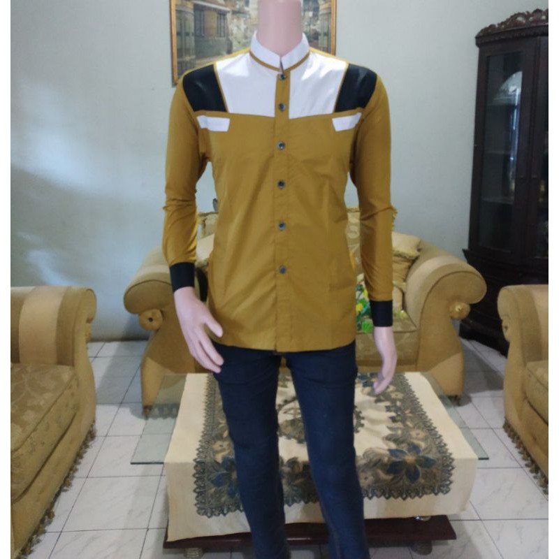 baju koko kombinasi 3 warna.kuning kunyit hitam putih size XL lengan panjang lebaran