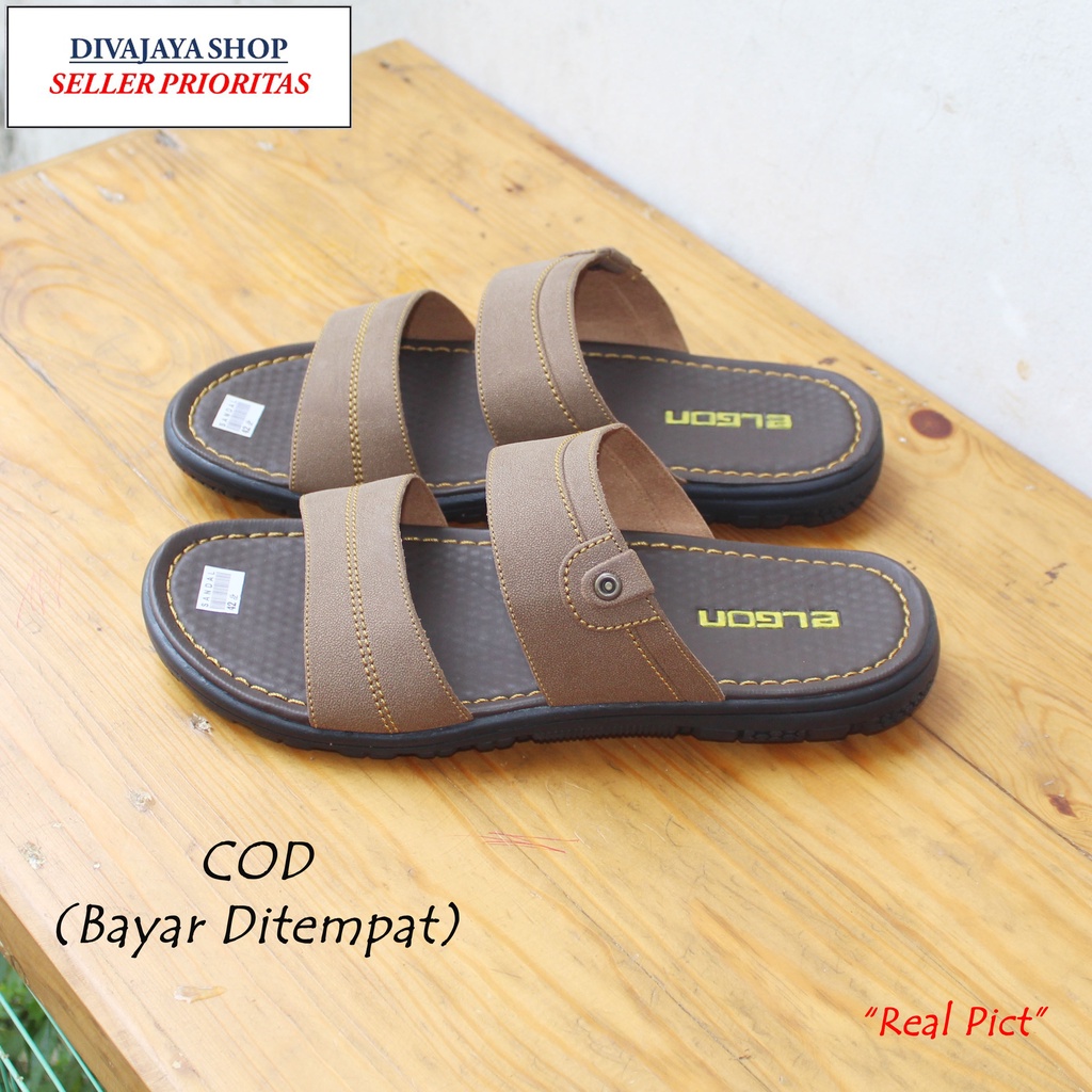 Sandal Elgon Tali Dua Semi Kulit/Sandal Selop Fashion Pria - Krem