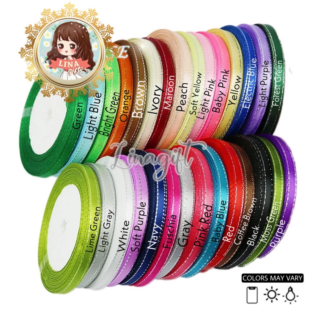 ( Rol 20 Yard ) PITA SATIN LIST PERAK 5/8INCH / SATEN LIS PERAK / PITA KADO 1,6CM / SILK RIBBON SILVER EDGE 16MM