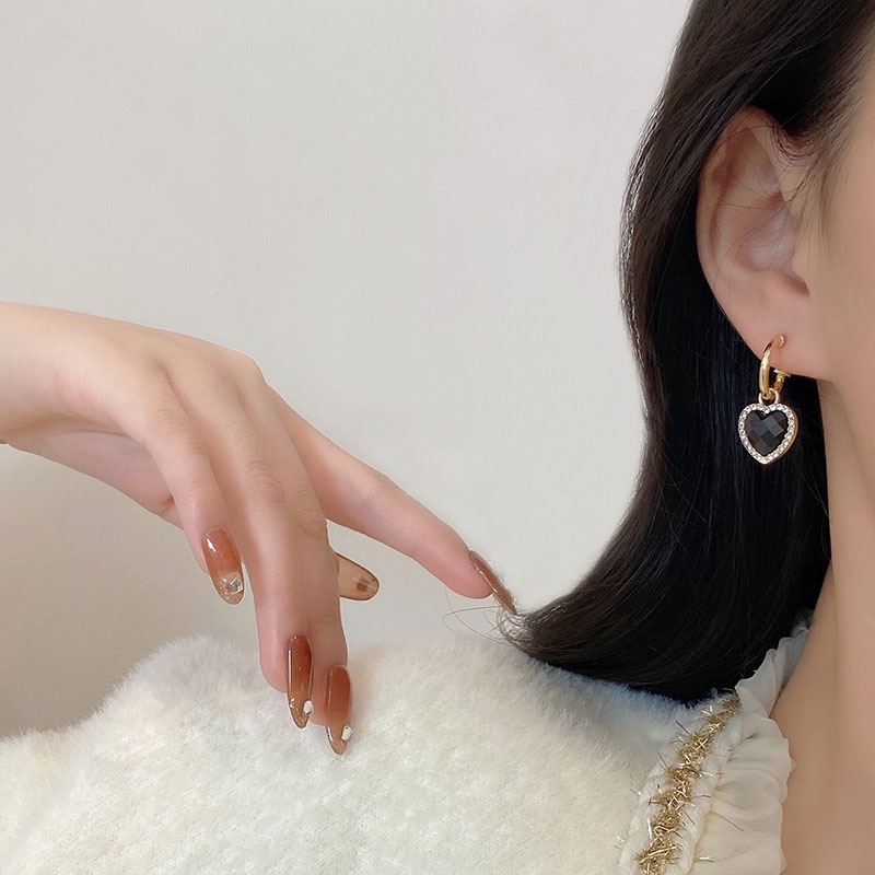 Fashion S925 Perak Jarum Retro Cinta Liontin Hoop Earrings