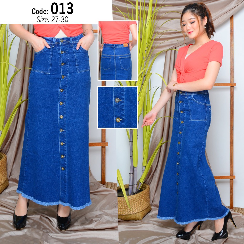 MC girl Rok Panjang Jeans Full Kancing Rawis Wanita / Rok Panjang Kancing Depan Rumbai Cewek