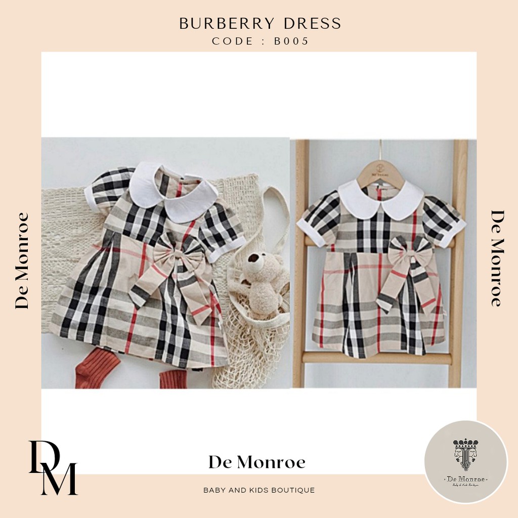 De Monroe Baju Bayi dan Anak Dress Anak Bayi Perempuan Cewek Terusan Motif Burberry dan Pita Cantik