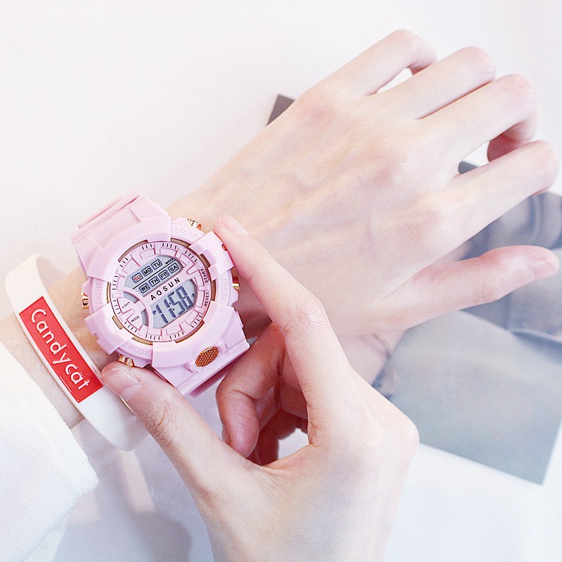 Jam Tangan Wanita Kalender Pasangan Elektronik Luminous Waterproof Digital Fashion Jelly LED Watch-Pink-Watch only