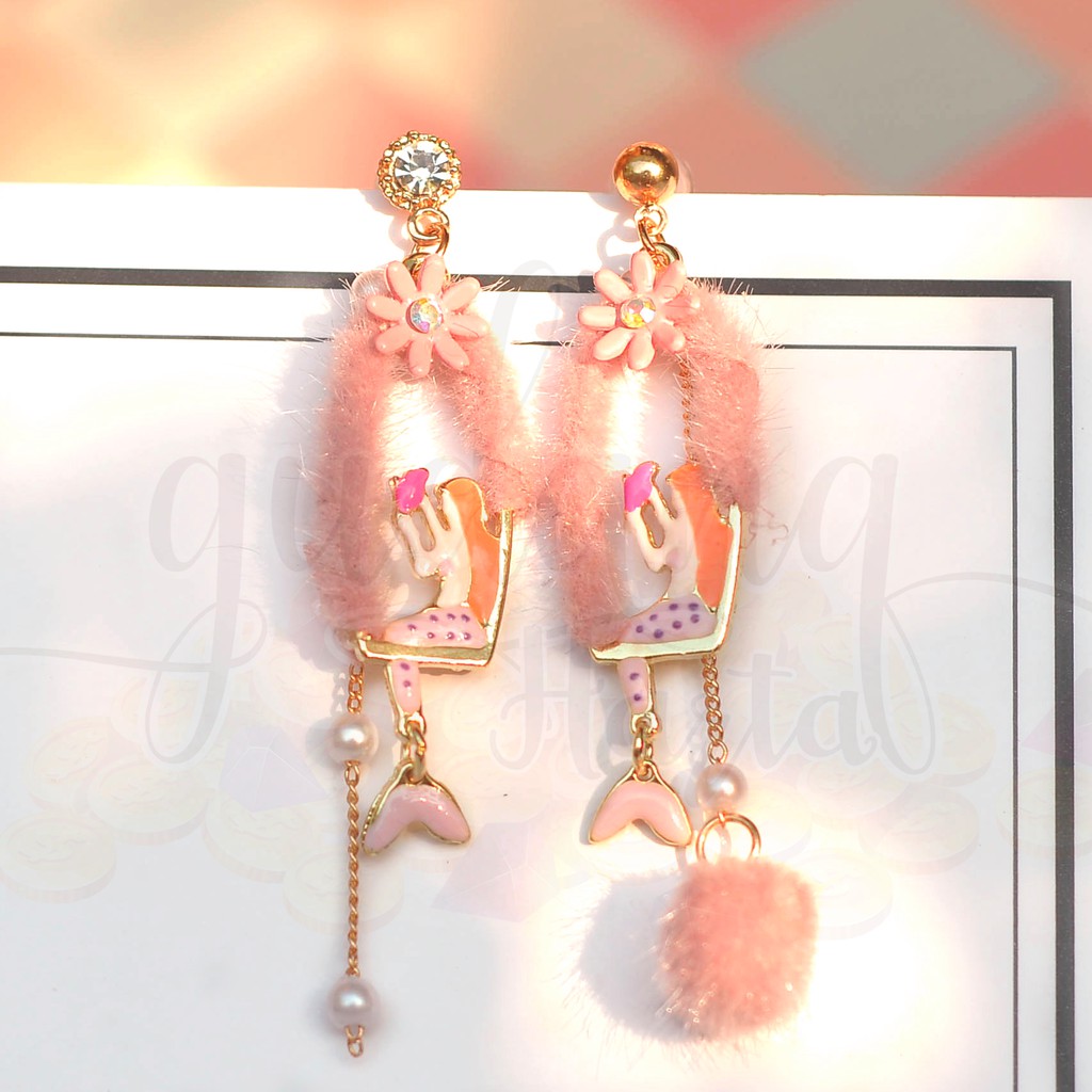 Anting Stud Mermaid Pompom Panjang Pink Unik GH 203698