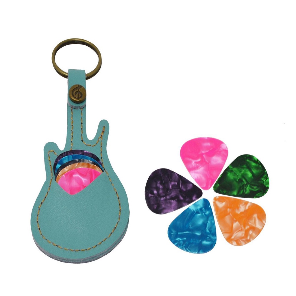 Gantungan Kunci Holder Pick Gitar Bahan Kulit Asli 2 Warna Dengan 5 Pick