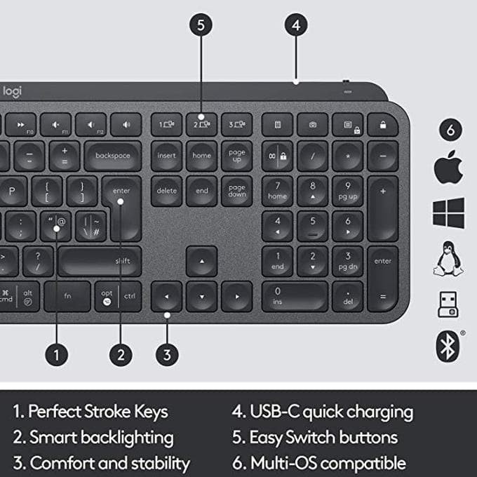 Logitech MX Keys Keyboard Wireless Bluetooth Backlit