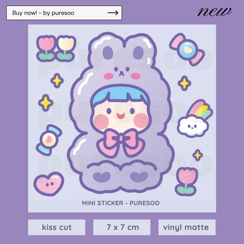 

puresoo - Cute Mini Rabbit Bunny girl Purple Sticker, Deco Sticker, Sticker Sheet, Kiss cut (langsung tempel), Vinyl matte, design imut dan lucu gaya korea, Korean Style - JOURNAL STICKER SHEET