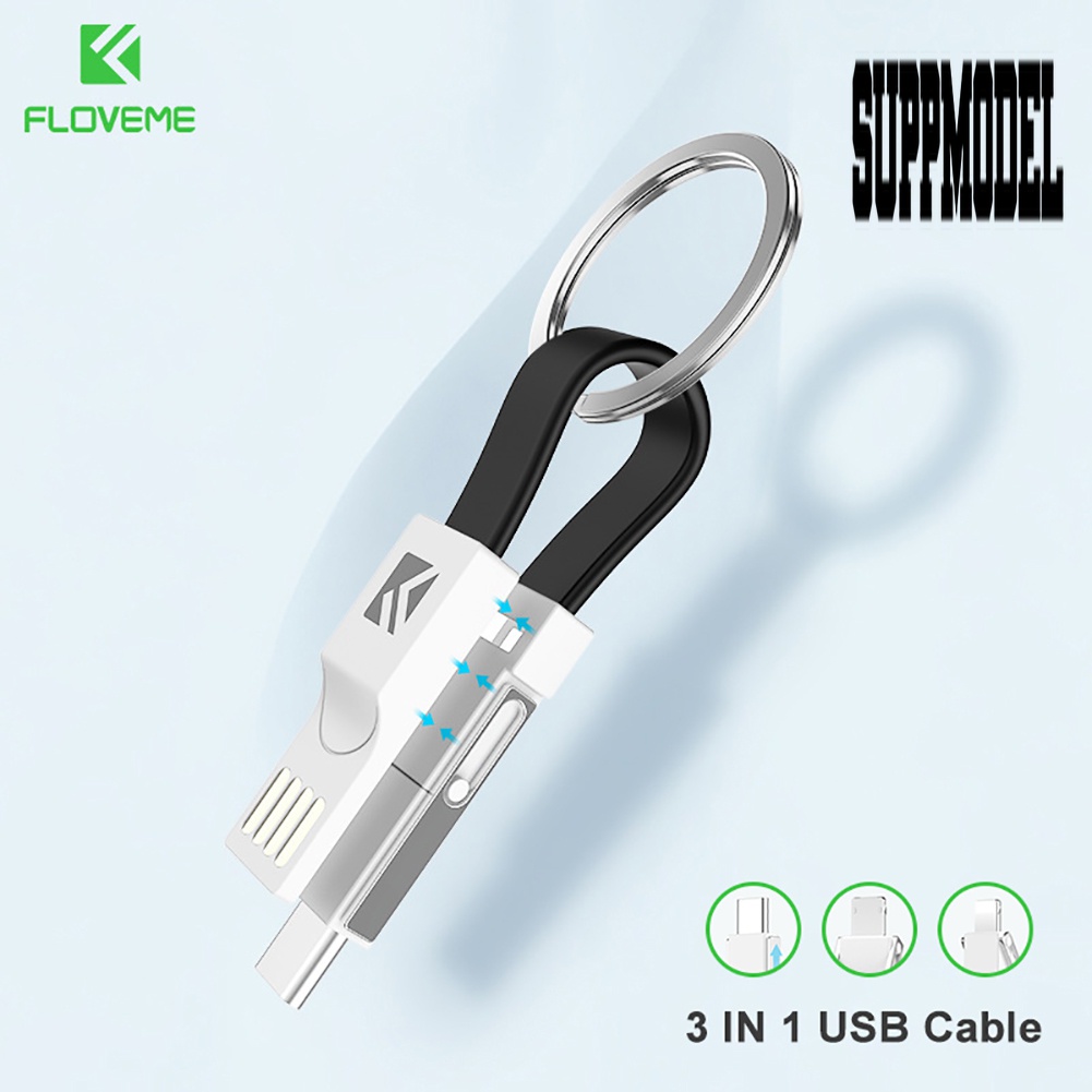 &lt; Suppmodel Floveme Gantungan Kunci 3 in 1 Kabel Data / Charger Micro USB / Tipe C 2A Untuk Android / iOS