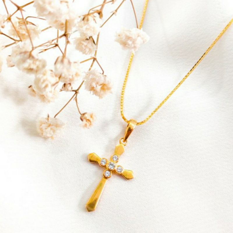 Kalung Wanita Rantai Liontin Pendant Salib Permata Perhiasan Emas Asli