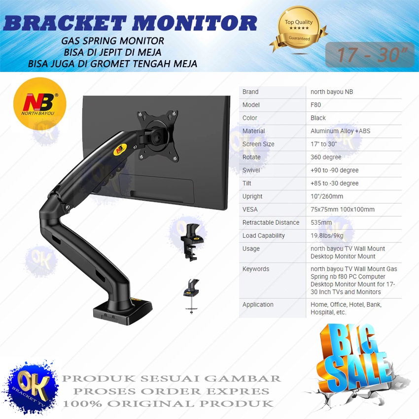 NB F80 BRACKET MONITOR MEJA JEPIT 13 - 30 INCH