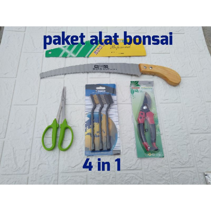 1 set paket peralatan bonsai 4 in 1 gunting pruning gergaji lengkung sikat 3 macam gunting dahan