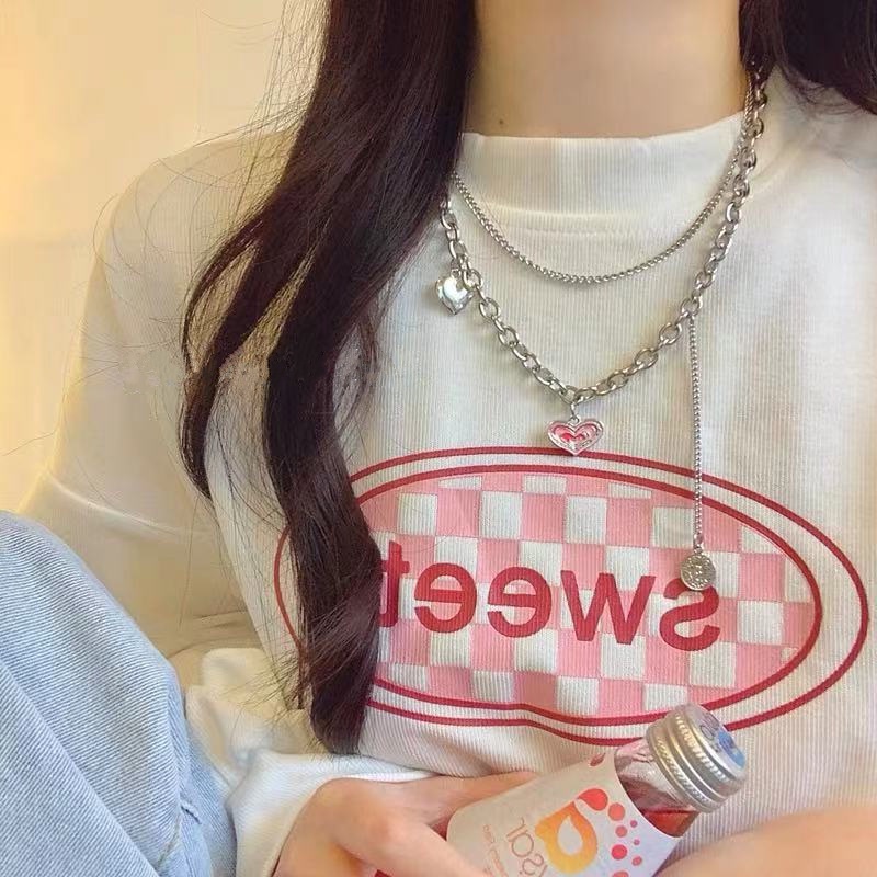 YEEZII Kalung Choker Rantai Ganda Liontin Hati Warna Pink Bahan Silver Untuk Wanita