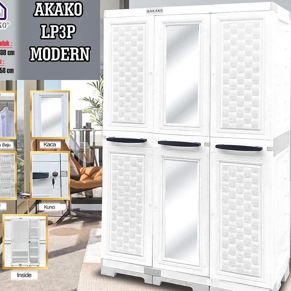 JUMBO LEMARI PLASTIK AKAKO ELEGANT 3 PINTU KACA LP3EP MODERN LP3P MODERN LEMARI GANTUNG KACA FULL KUNCI LEMARI PAKAIAN MODERN