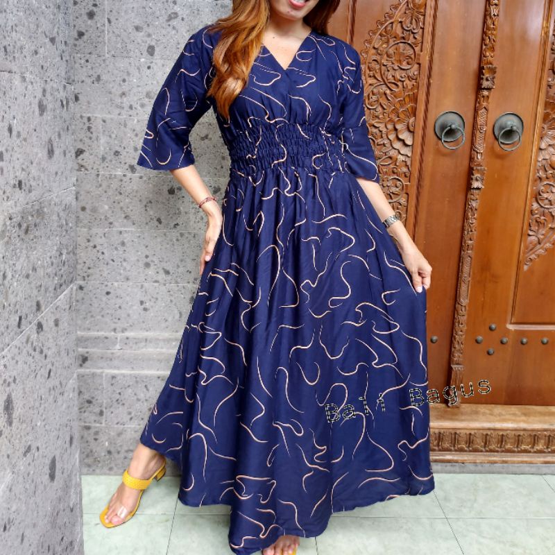 GAMIS BALI / DRES MOZA ( lengan lonceng)-Cacing navy