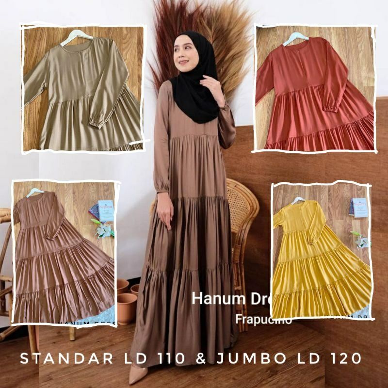 Hanum Dress Susun Polos Setandar Jumbo Bahan Katun Rayon Premium Ld 110 120 Gamis Wanita Muslim