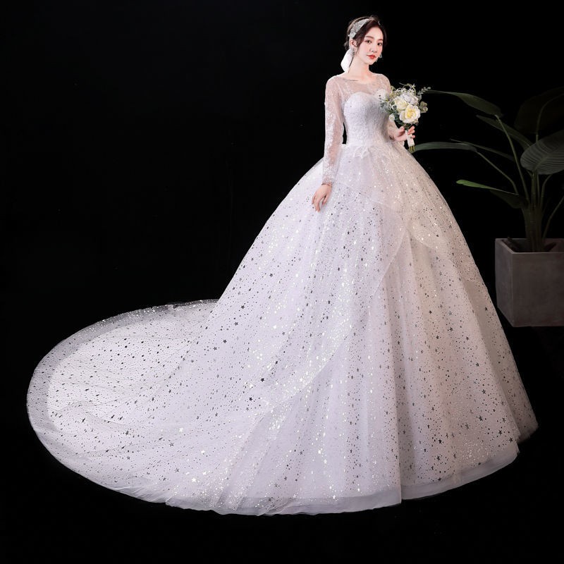 151 White Long Sleeve Long Tail Round Collar Bling Bling Women Wedding Party Gown Dress Bridal Gaun