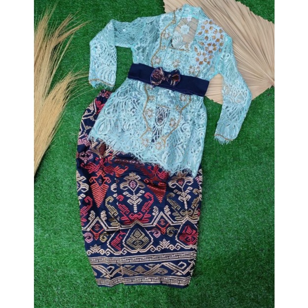 Set Kebaya Anak Lengkap Brokat Metalik Payet Tumpuk dan Kamben Songket Selendang OBI Anak Untuk umur