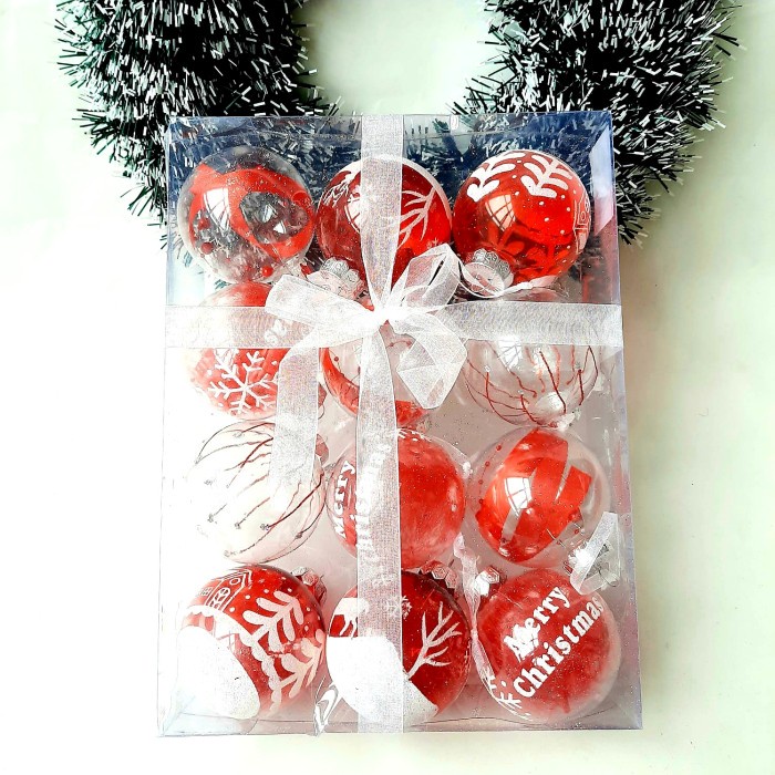 Bola Natal isi 12 Bola Merah Bening Merry Christmas Box Gift Murah Hiasan Natal Harga Grosir Termurah