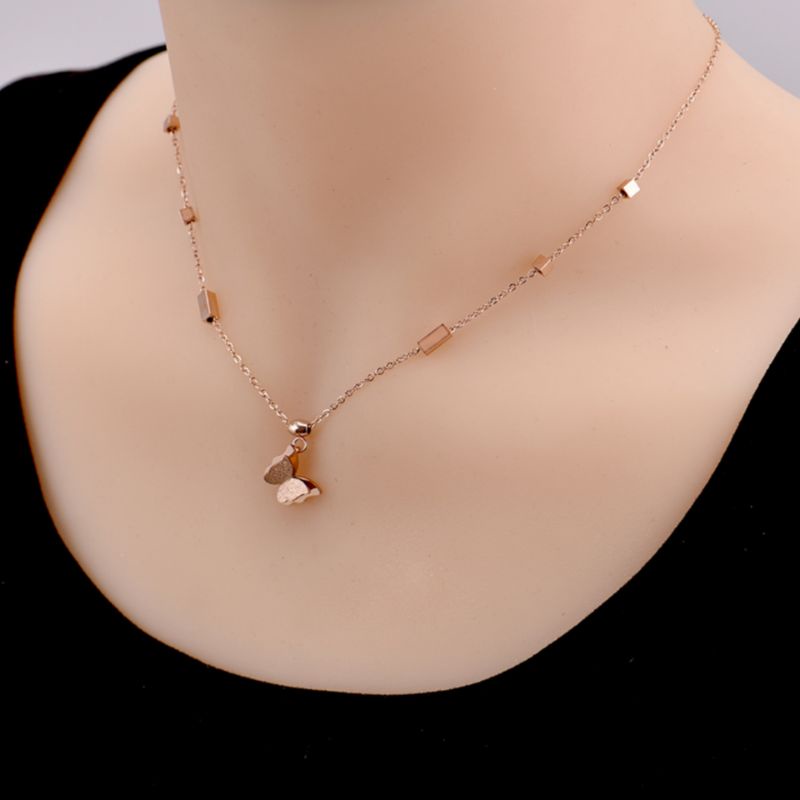 { Bayar Ditempat } Kalung Titanium Wanita Rose gold Rantai Dadu Liontin Kupu- Kupu / Kalung Rantai Wanita Titanium Asli Import / Kalung Wanita Korea Model Terbaru