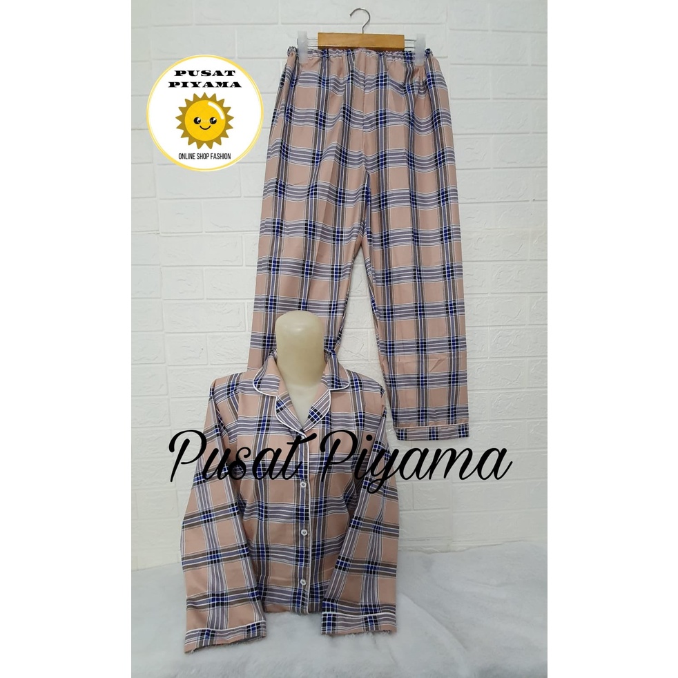 Setelan Lengan Pendek Piyama Baju Tidur Wanita Guilen Kotak Pajamas Cewek Dewasa Kekinian Abg-L OSLIN Panjng Coksu