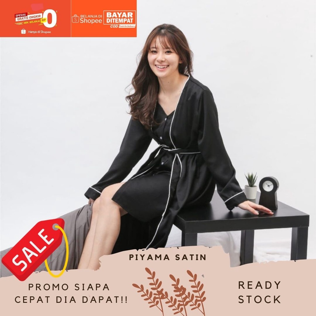 kimono set inner babydoll celana satin - BAJU TIDUR SET 3in1 PIYAMA SATIN WANITA DEWASA KIMONO[X6Z6]